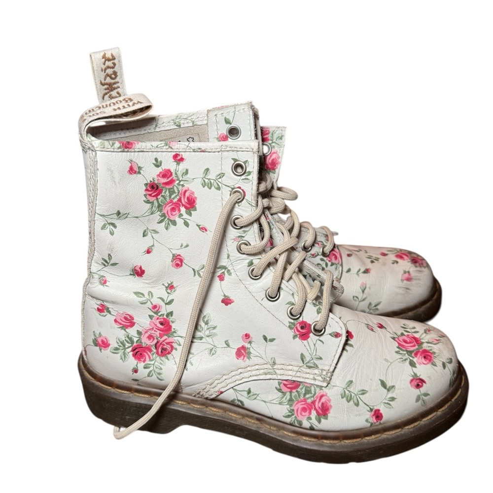 Dr. Martens White Floral Combat Boots with Pink Roses
